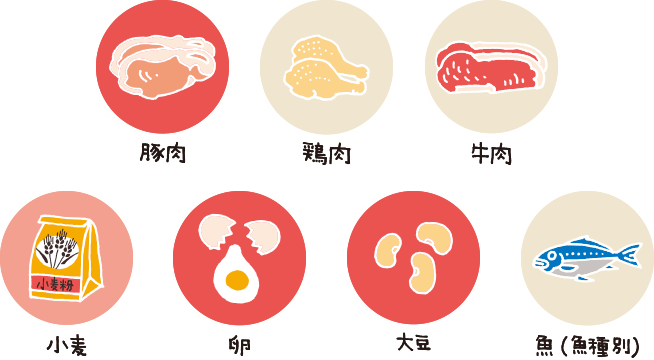 猫の食物アレルギーの例：豚肉、鶏肉、牛肉、小麦、卵、大豆、魚（魚種別）